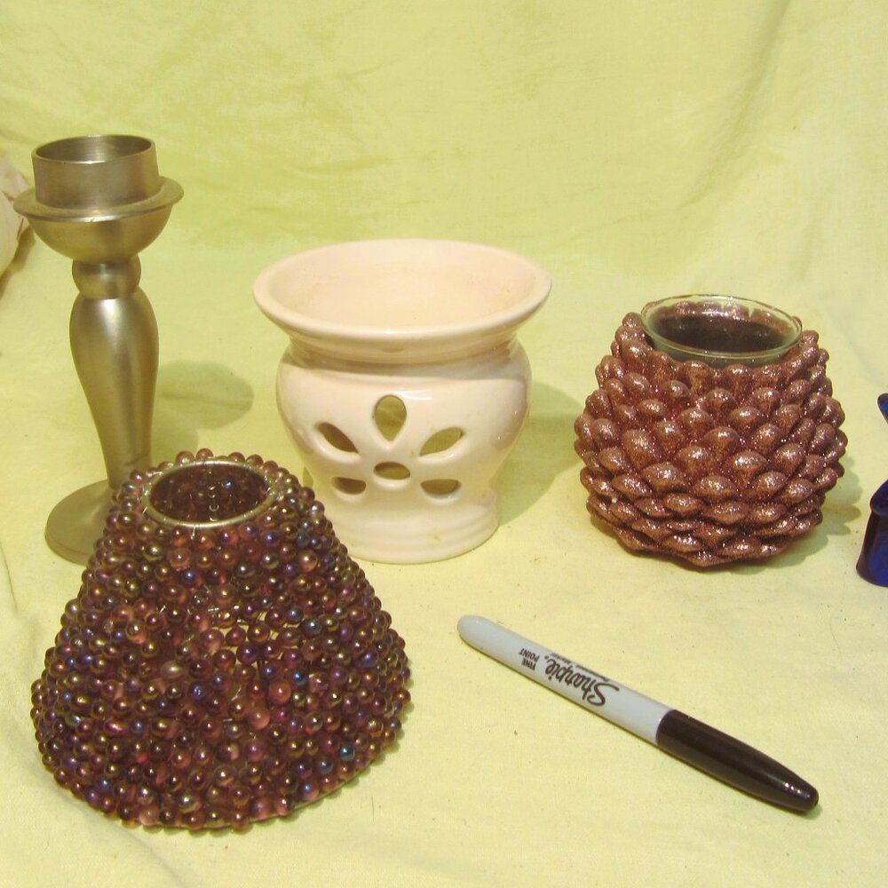VTG CANDLE ITEMS, STICK, TART BURNER, PINECONE, BLUE GLASS, BEADED SHADE